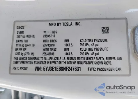 2022 Tesla Model 3 Long Range Dual Motor All-Wheel Drive из США, поврежденный, VIN 5YJ3E1EB8NF247631